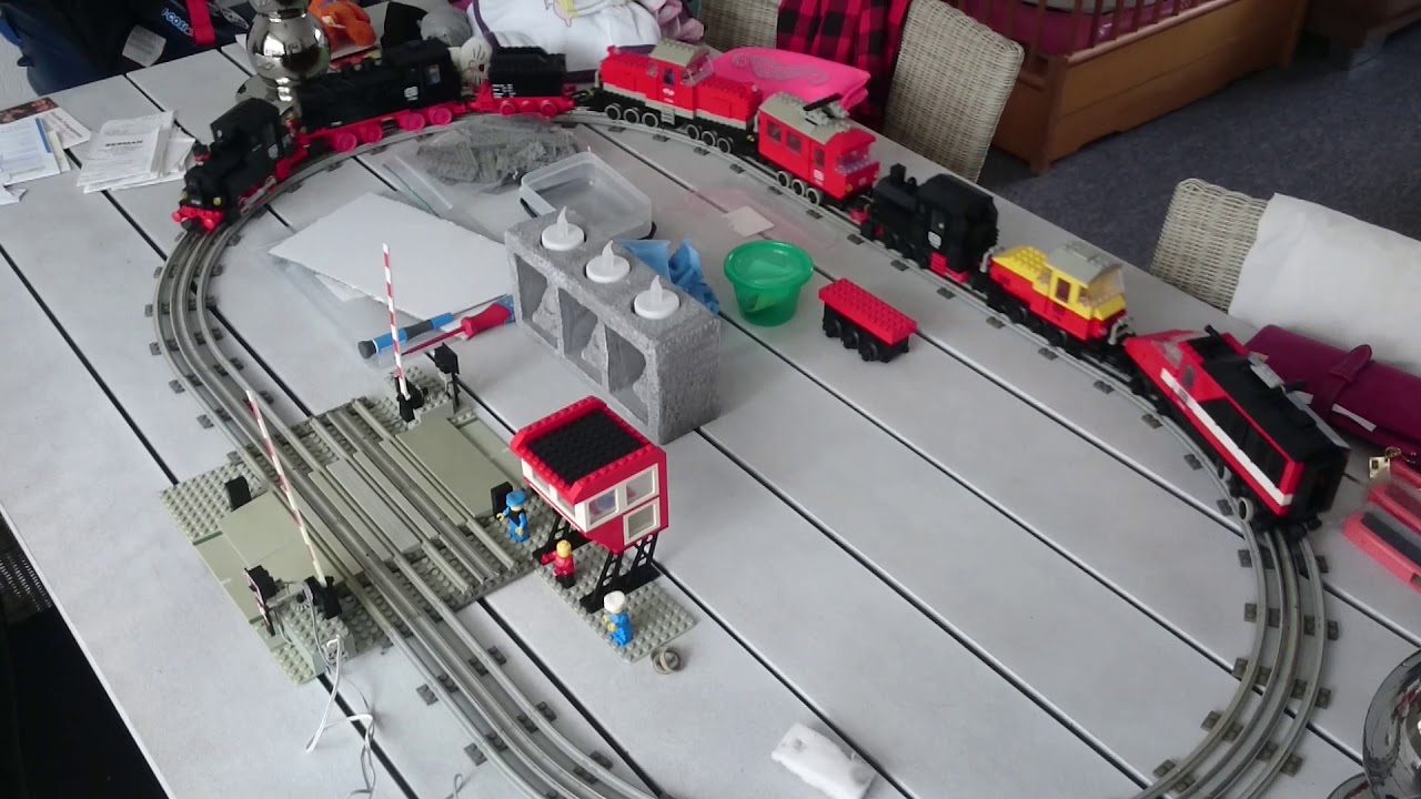 LEGO 12 volt 7 trains on small layout vintage LEGO 7730, 7750, 7755, 7725 7735 7745. 7866