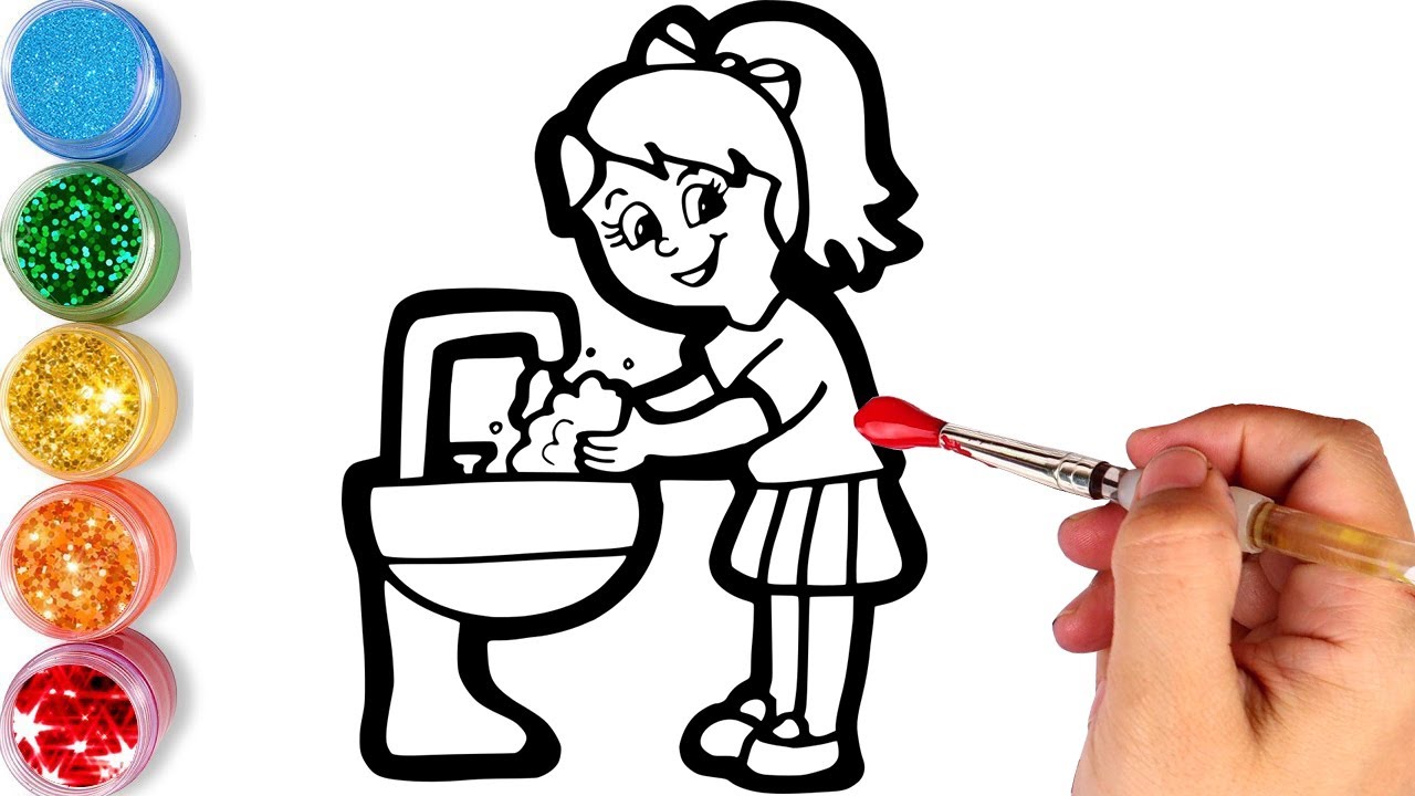 Let's start drawing and coloring girl cleaning her hands !  kids drawing lessons