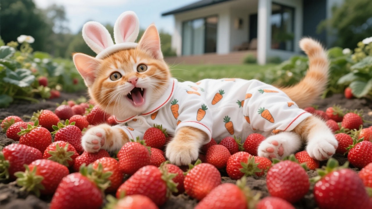 Ginger Kitten Loves Strawberries, Mama Cat Teaches How to Grow and Make Strawberry Smoothies 🍓🐾