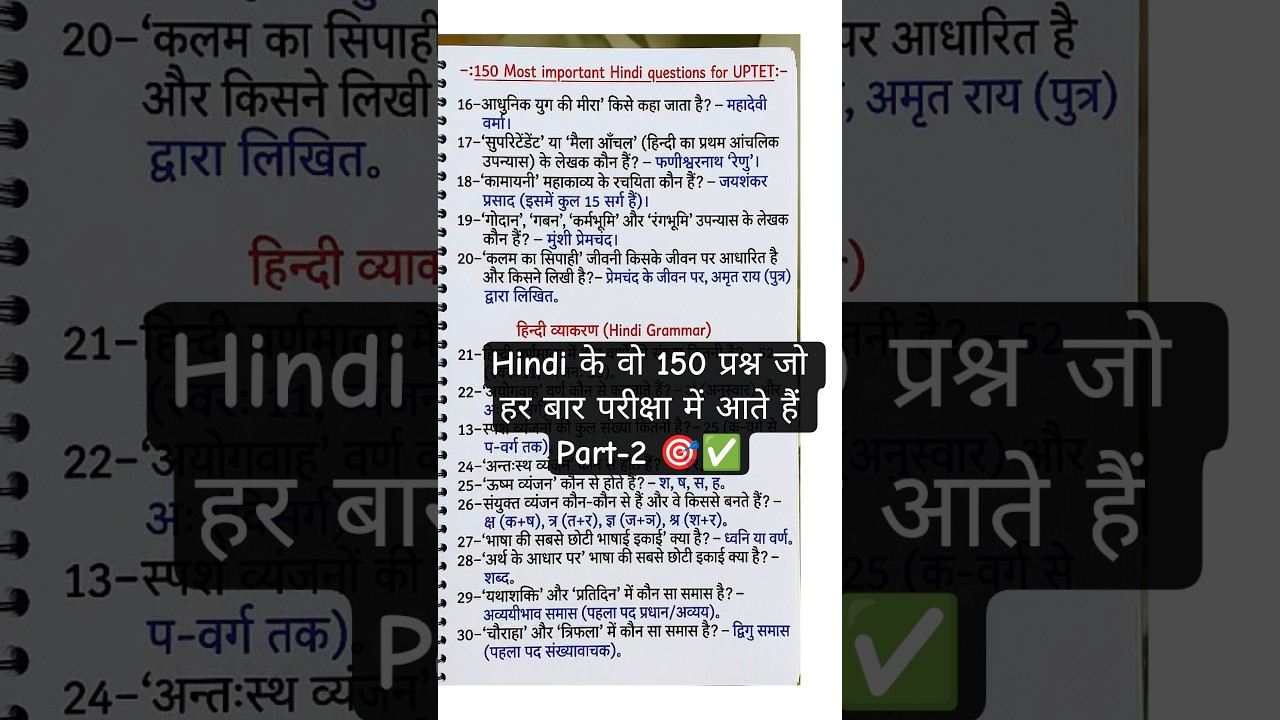 UPTET 2026: Hindi के वो 150 प्रश्न जो हर बार परीक्षा में आते हैं 🔥 #uptet2026 #hindi #uptethindi