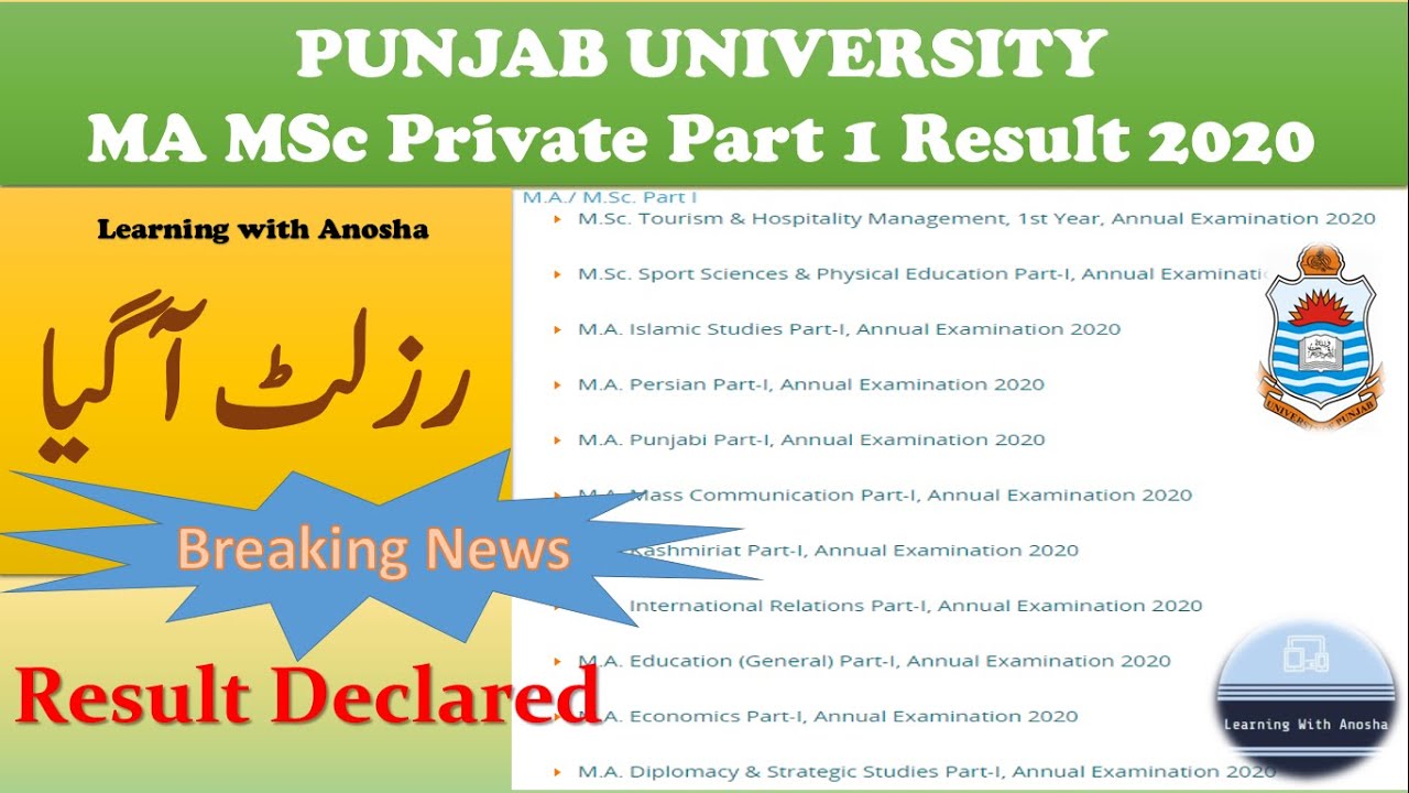 MA MSc Part 1 Annual 2020 Result Declared | Private Masters PU Result 2020