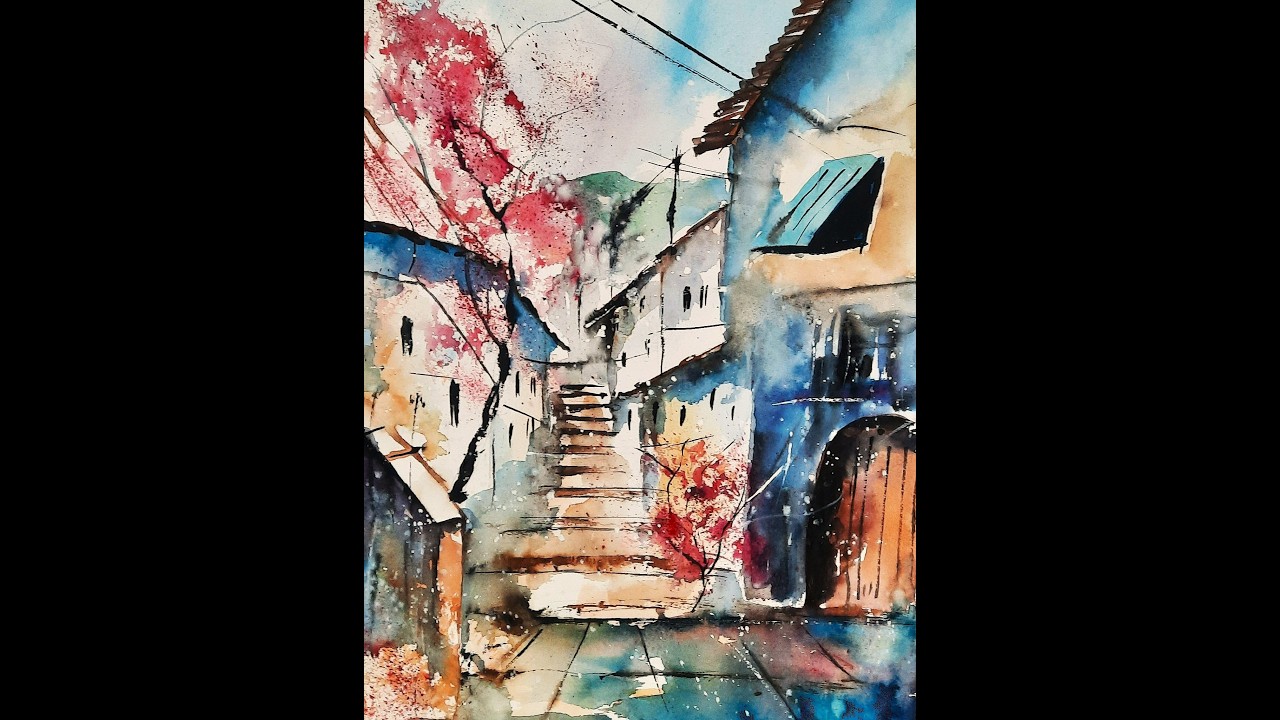 watercolorpainting learning - Village in Spain