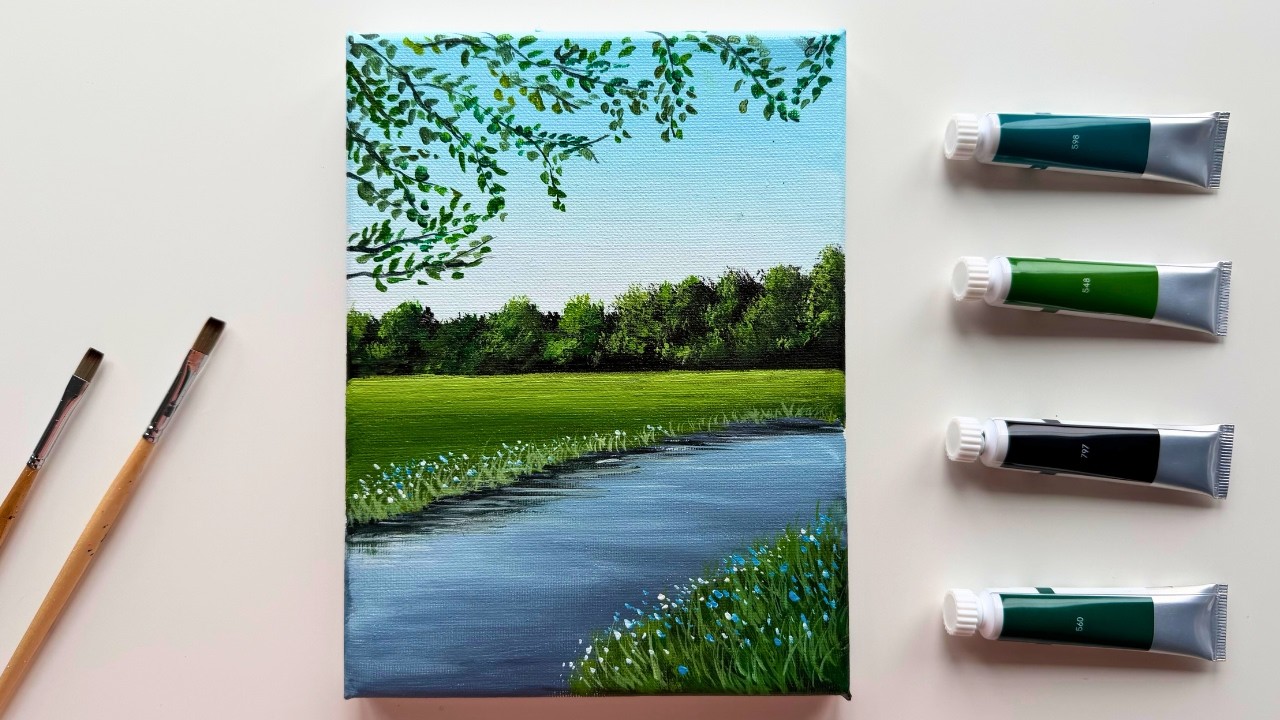 Easy Acrylic Landscape Painting Tutorial | River & Green Field Scenery
