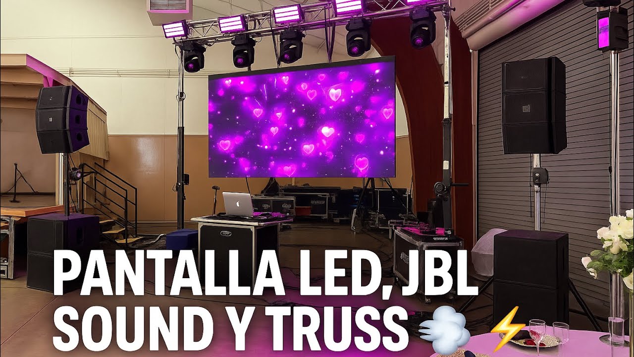 Quinceañera DJ Setup en un salón en Madera | LED Wall, JBL Sound, y Truss