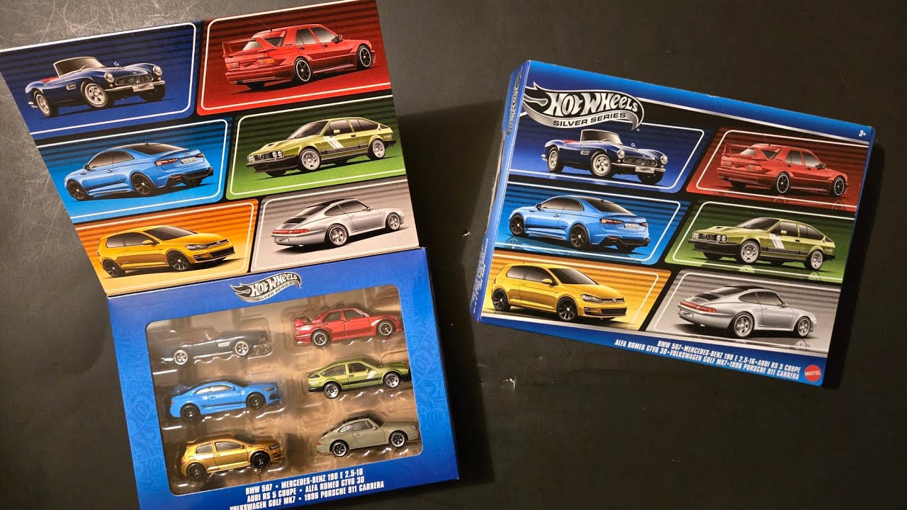 Распаковка европейского набора Hot Wheels из шести машинок серебряной серии.
