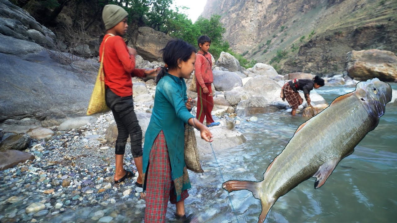 dharme brother's children are fishing BIG fish in the RIVER || Rural Nepal ||