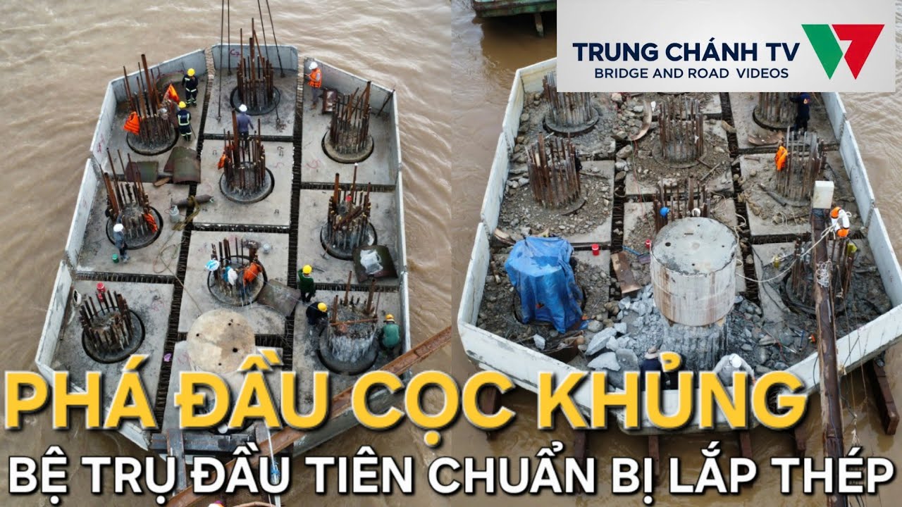 Cầu Đại Ngãi 1: phá đầu cọc khủng giữa sông Hậu, sẵn sàng lắp thép cho bệ trụ đầu tiên