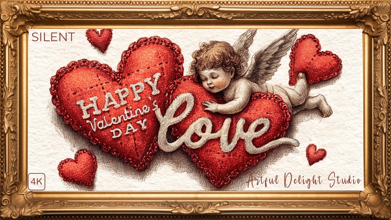 Happy Valentine's Day Vintage Cupid | Frame TV Art 4K | TV Screensaver | Gold Frame | Silent