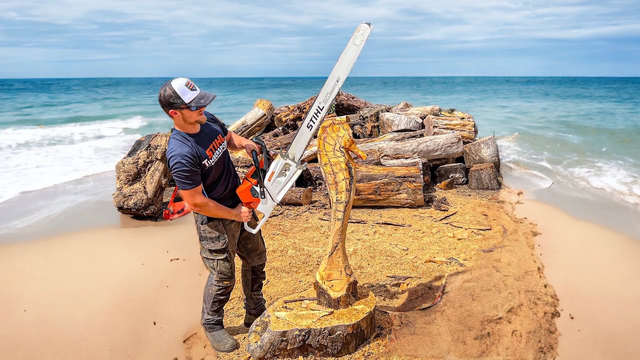 Chainsaw Carving a Seahorse Sculpture