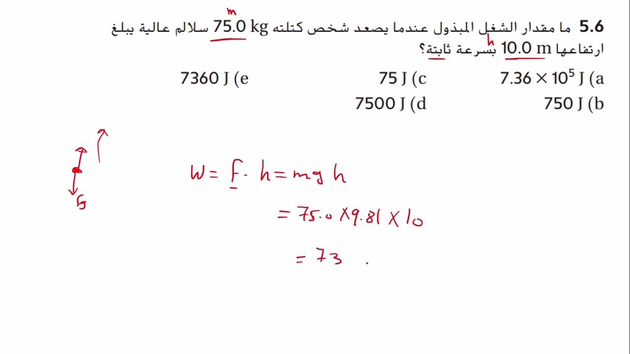 شرح حل أسئلة الاختيار من متعدد لوحدة الشغل الطاقة الحركية والقدرة  صفحة 150