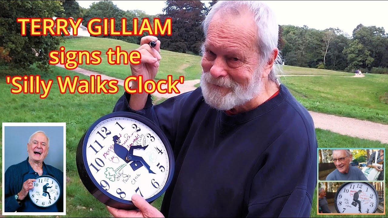 Terry Gilliam signs the Silly Walks Clock ⏰ for charity - Also signed by John Cleese + Michael Palin