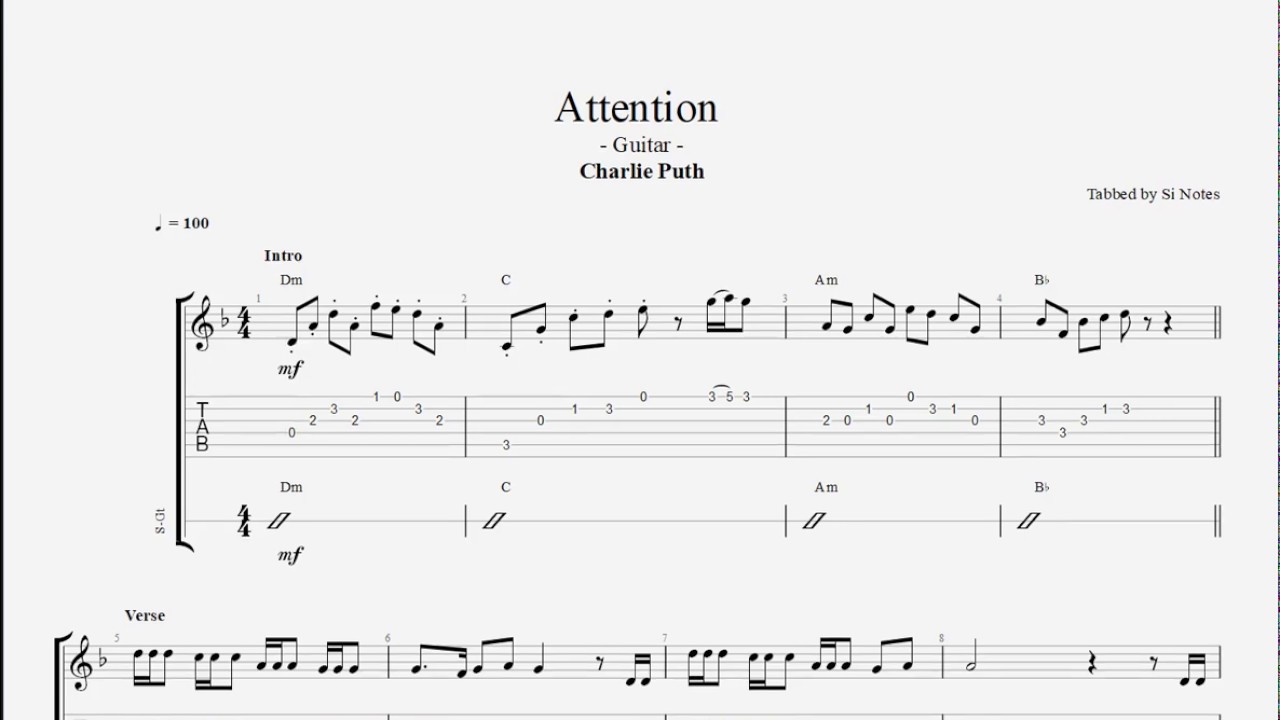 Attention - Charlie Puth - Guitar TAB and Notation