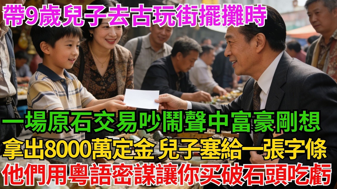 帶9歲兒子去古玩街擺攤時一場原石交易吵鬧聲中富豪剛想拿出8000萬定金兒子塞給一張字條：他們用粵語密謀讓你𧹒下破石頭吃虧！富豪停下，1句話竟改變母子兩一生！【阿馨夜讀】#故事分享#情感#婆媳矛盾