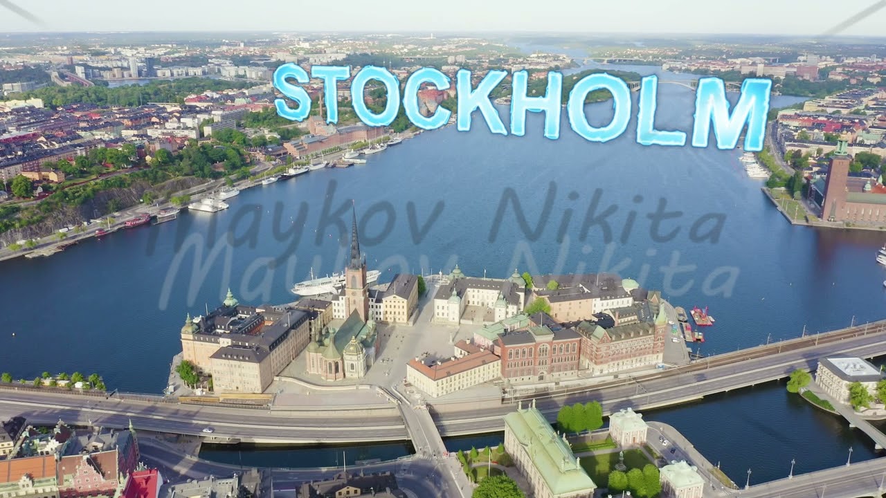 Inscription on video. Stockholm, Sweden. Old Town - Gamla Stan. Riddarholmen. Helgeandsholmen. Aeria