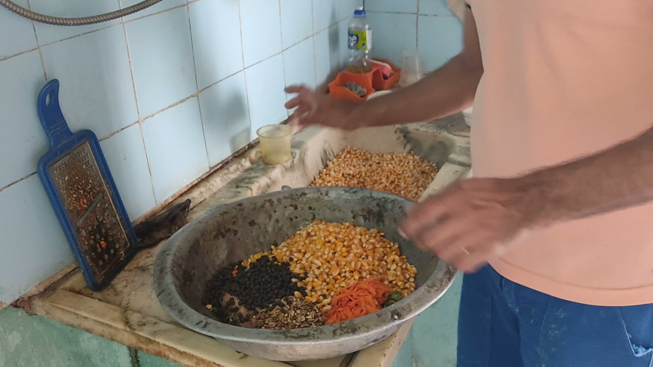 Preparação da ração dos galos nos treinos, criatorio Cpac