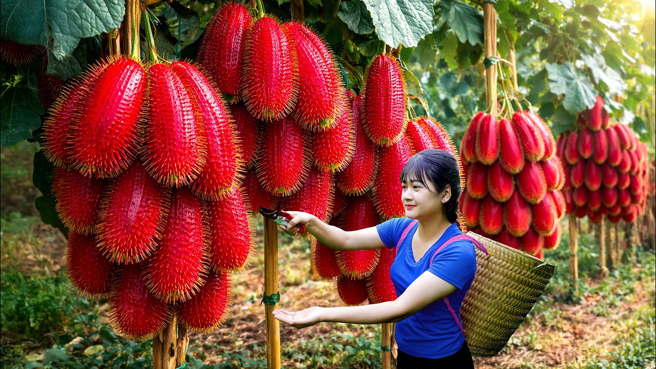 Ly Trieu Ca: Harvesting giant sweet tropical red luffa - How to make traditional village fruit cakes