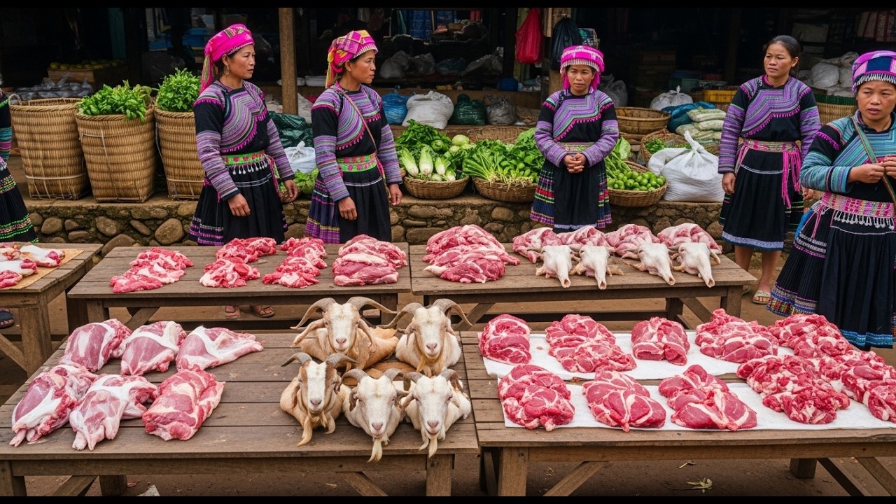 Vietnamese market fair, the oldest brown market in Northwest Vietnam.video 4k