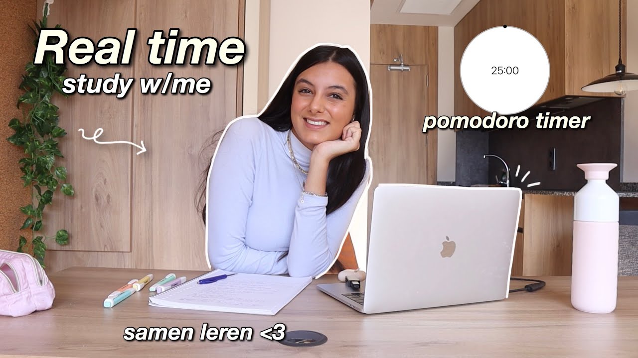 Real time study with me // pomodoro + pauzes, timer & geen muziek