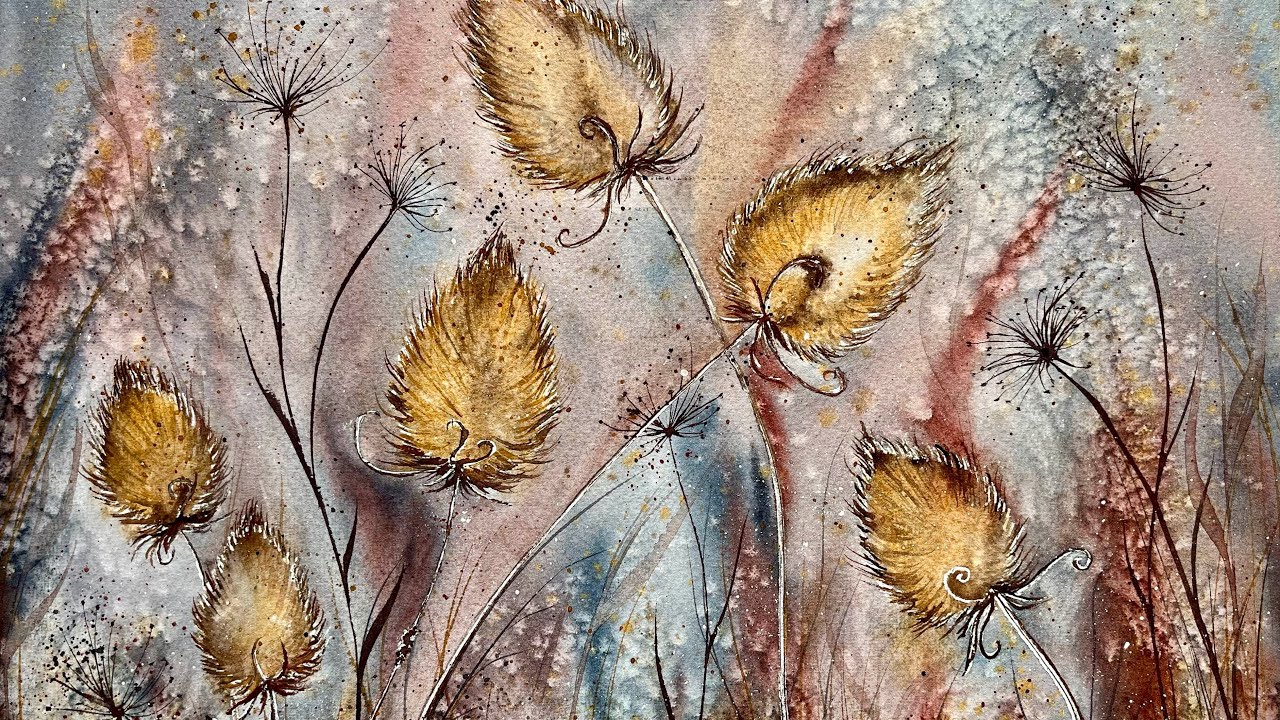 How To Paint Loose Watercolor AUTUMN TEASELS with SALT, Semi Abstract Wild Flower Fall Painting Idea