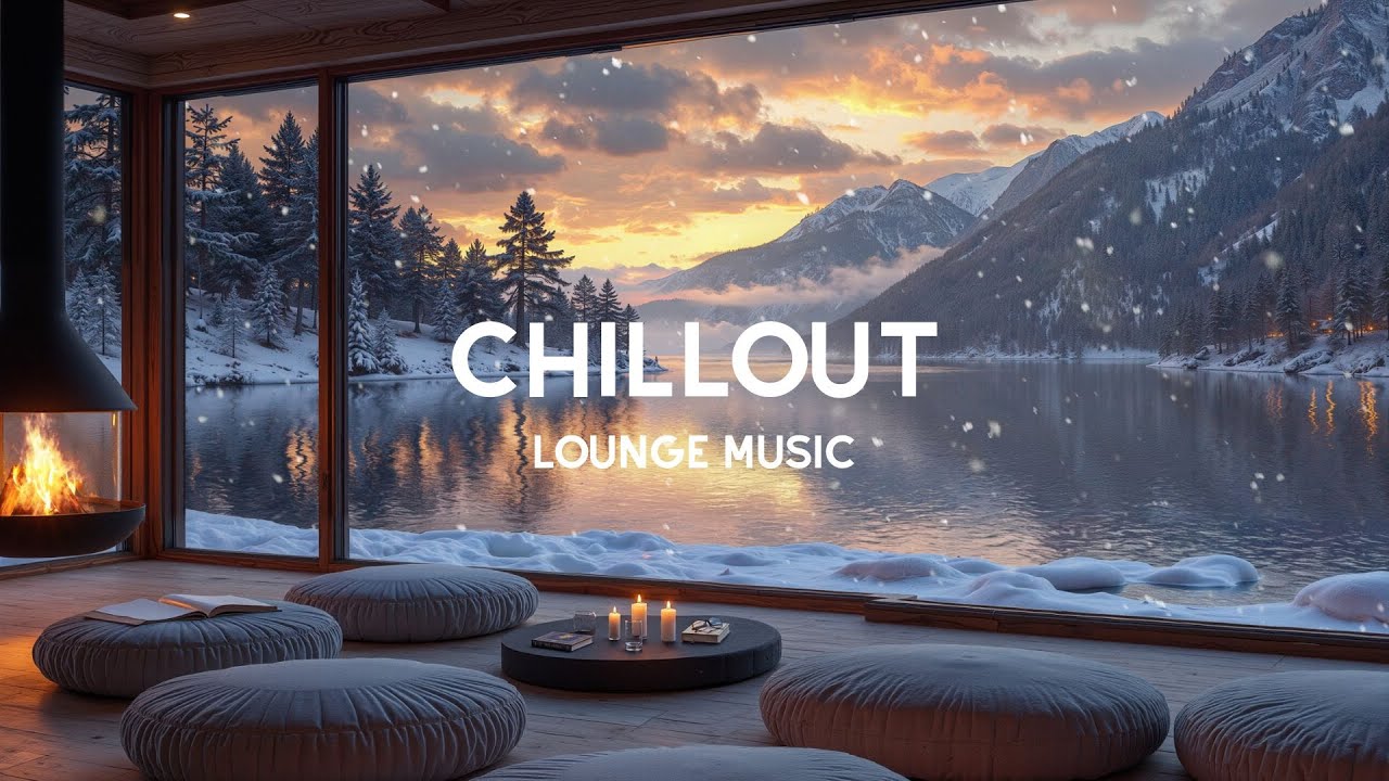 Winter Chillout Lounge ❄️ Cozy Fireplace Music with Snowy Lake & Mountain Views