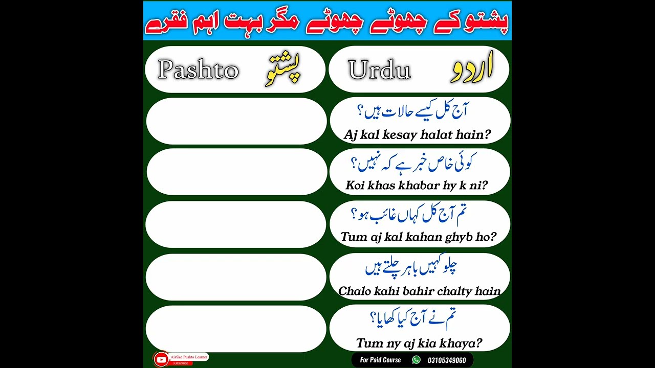 New 32 Pashto Basic Phrases For beginners | Daily Routine 32 Sentences in Pashto |Pashto into urdu