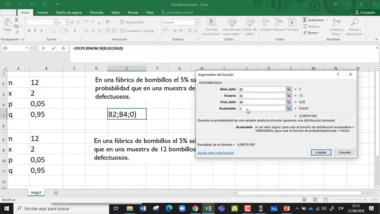 Distribución binomial en Excel