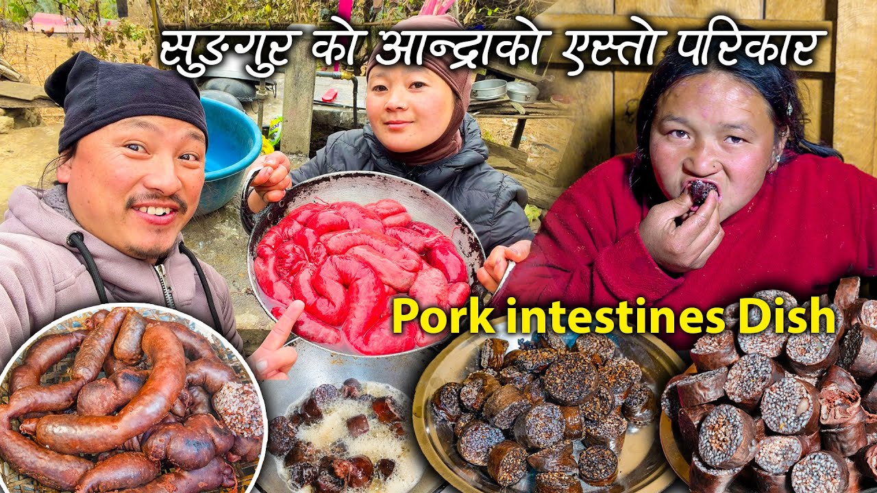 First time Pork intestines sausage Recipe making in Village || Rice, blood & intestines mix recipe