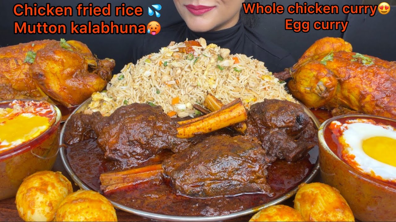 ASMR EATING MUTTON KALABHUNA,CHICKEN FRIEDRICE,WHOLE CHICKEN CURRY,EGG CURRY 