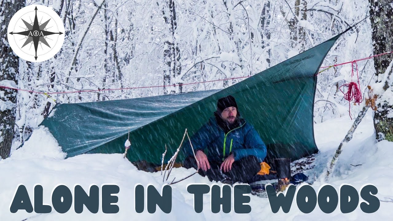 Solo Winter Camping Under a Tarp in a Snowstorm - Algonquin Park