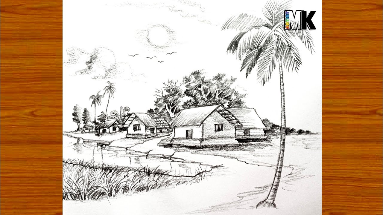 How to draw a Village Life in pencil shades/How to draw a beautiful Scenery drawing with pencil. 