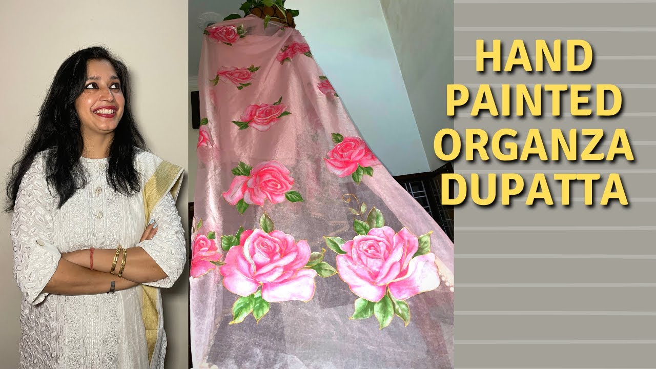 How to handpaint on organza dupatta | How to paint on fabric | Organza dupatta rose painting