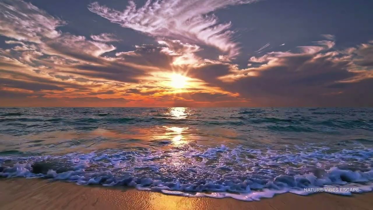 RELAX 🌅 Sunset Ocean Wave Sound Ambience | Calm, Study, Focus, Sleep | 4K 🌊