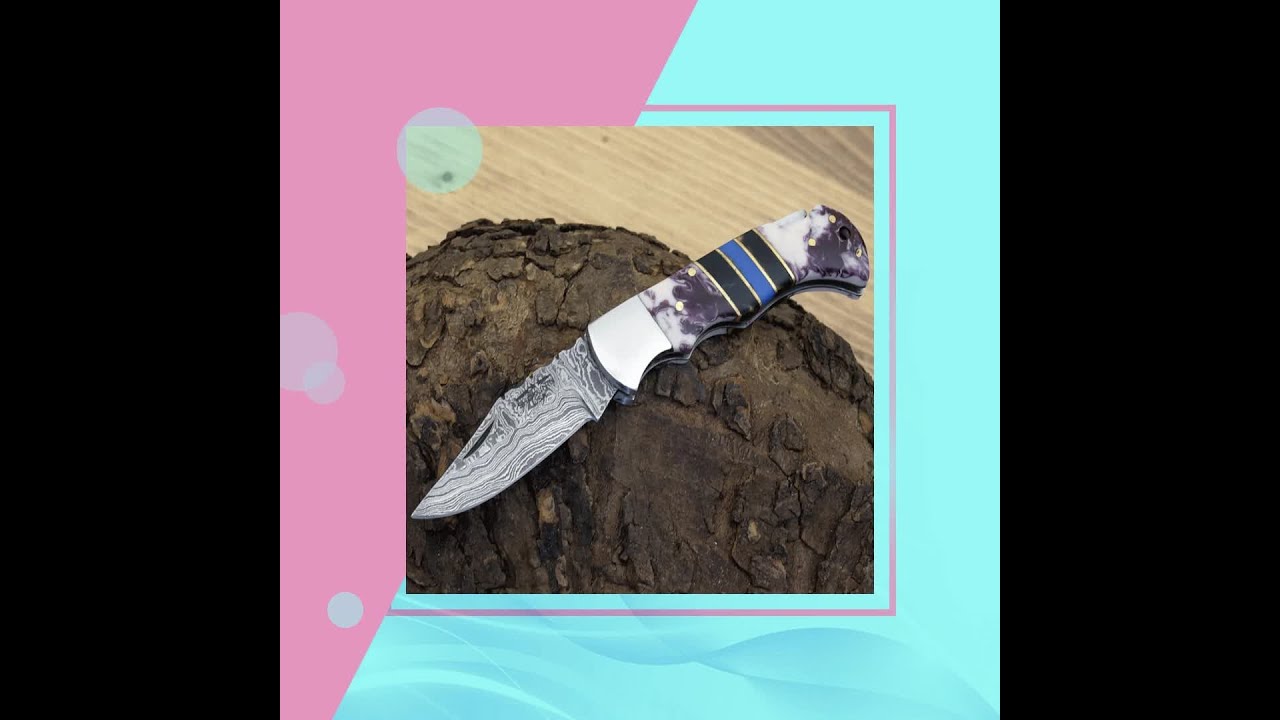 Centurion Damascus Pocket Knife with Sheath & Purple Resin Handle