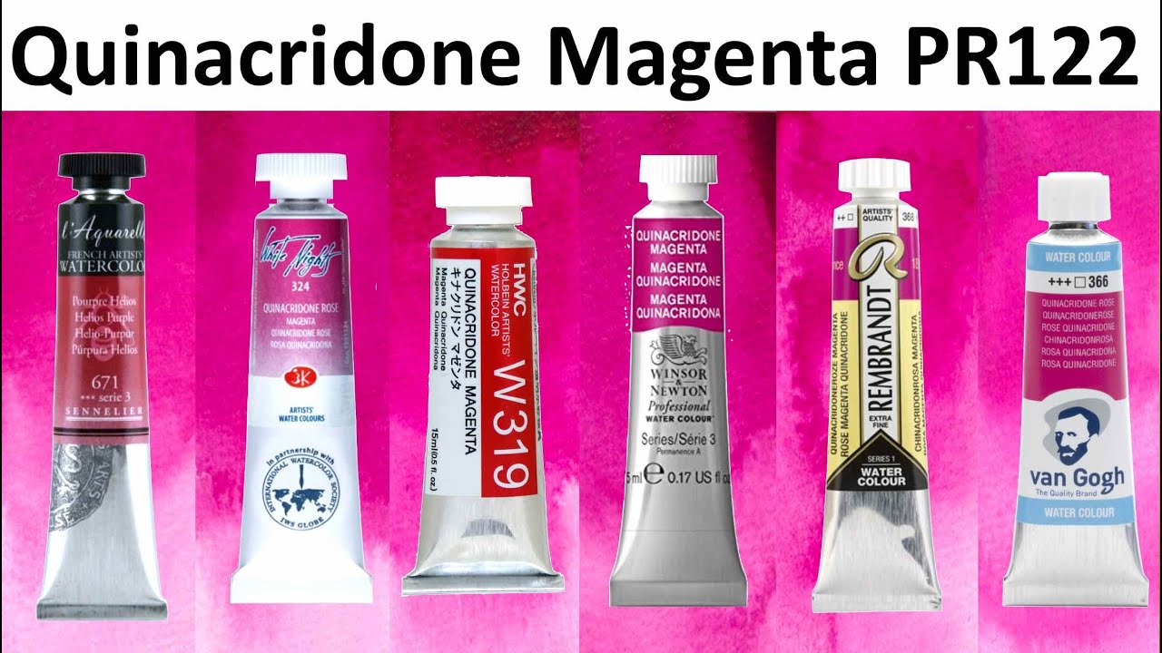 Quinacridone Magenta PR122 Сравнение акварельных красок - Белые ночи, Гольбейн, Сеннелье, W&N, Ва...