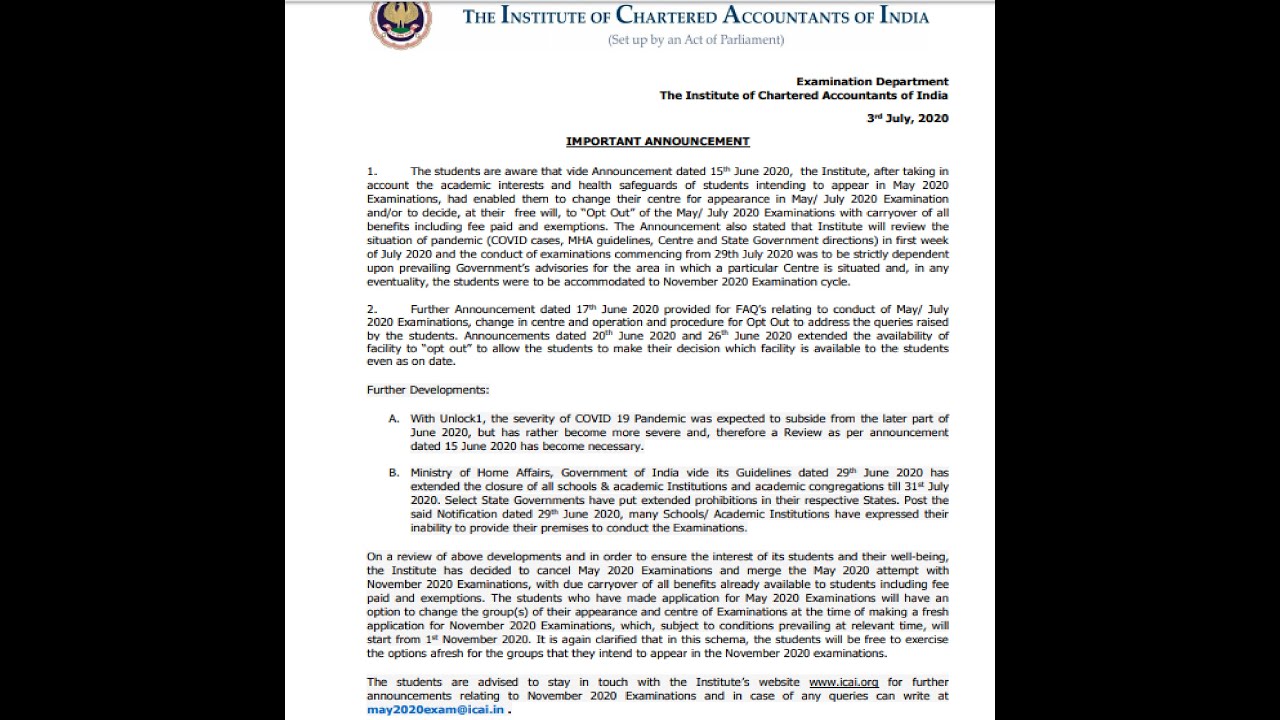 CA Exam Cancelled - ICAI Cancelled the MAY 2020 (JULY) Exam