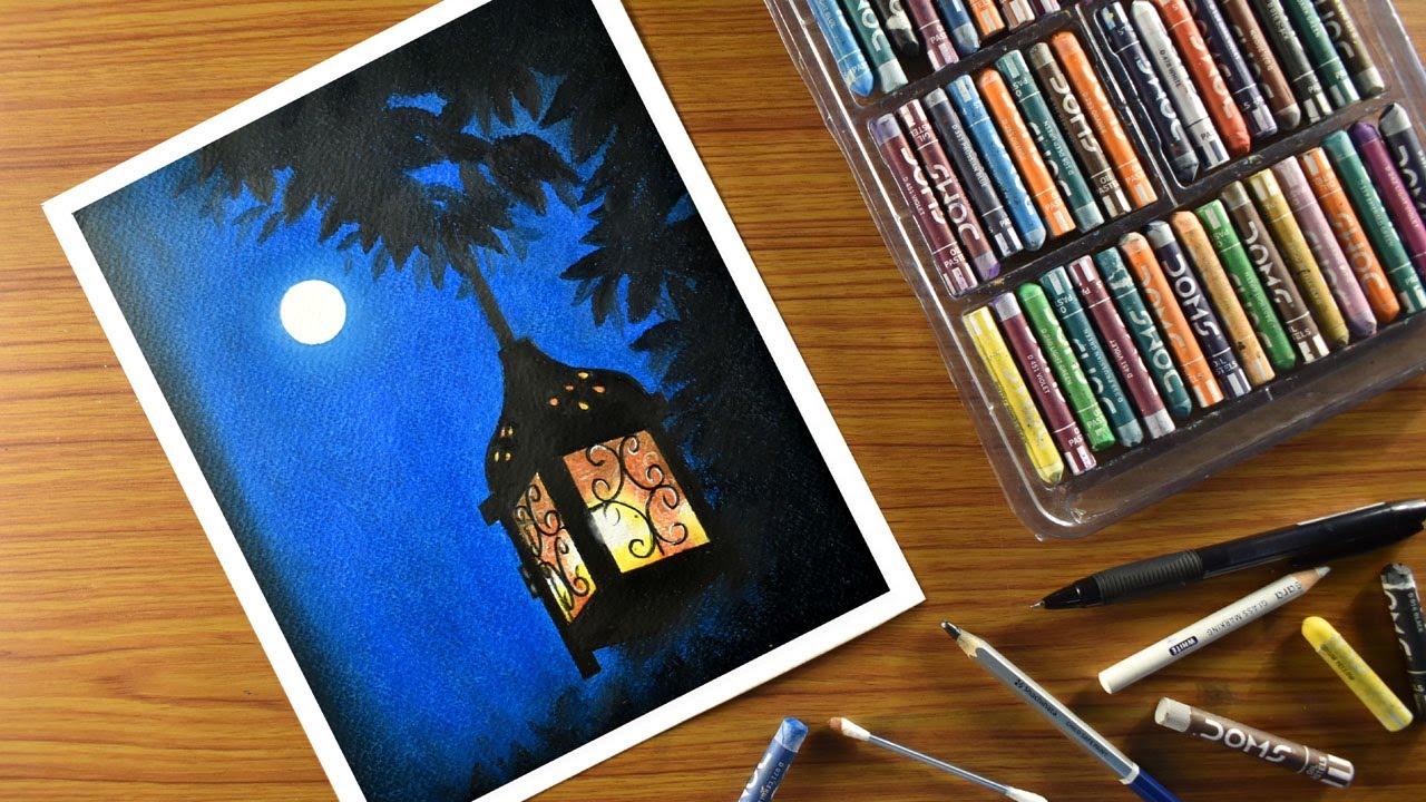 Easy oil pastel drawing night seen with lantern / how to draw moonlight scenery with oil pastel