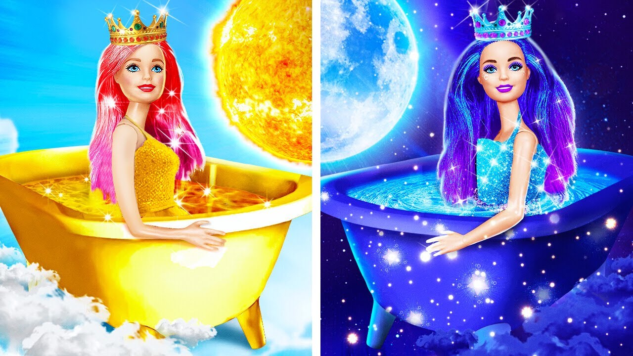 Day Doll vs Night Doll With One Colored Makeover Challenge! Extreme Barbie Makeover by Yay Time! FUN