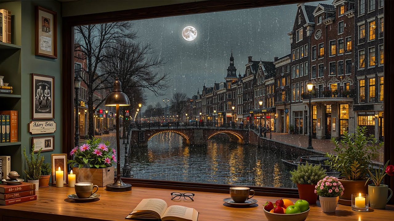 Cozy Jazz Piano at Night in Amsterdam ☕ Rainy Canal View with Gentle Jazz Music for Focus & Sleep