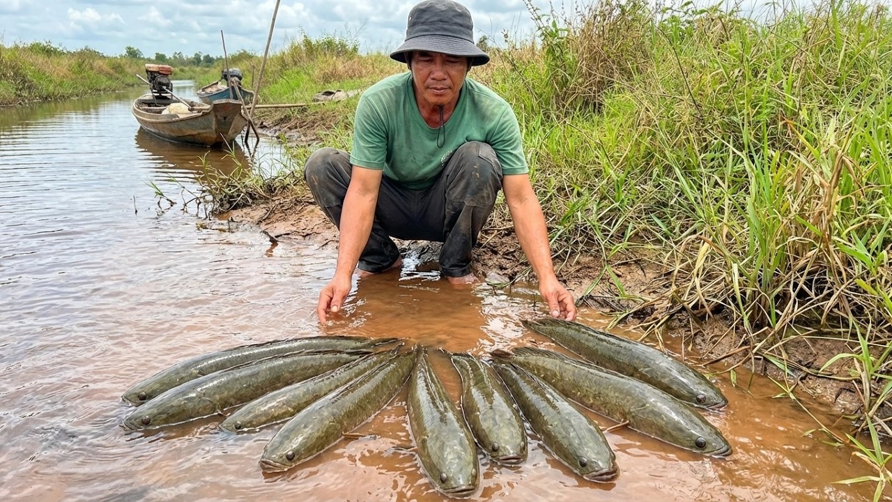 Amazing Rural Fishing Technique! Huge River Fish Harvest by Hand