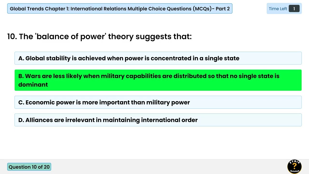 Global Trends Chapter 1: International Relations MCQs Part 2 | #internationalrelations   #mcqs