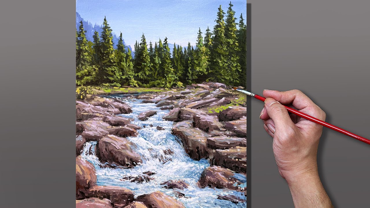Acrylic Painting Rocky Stream Landscape