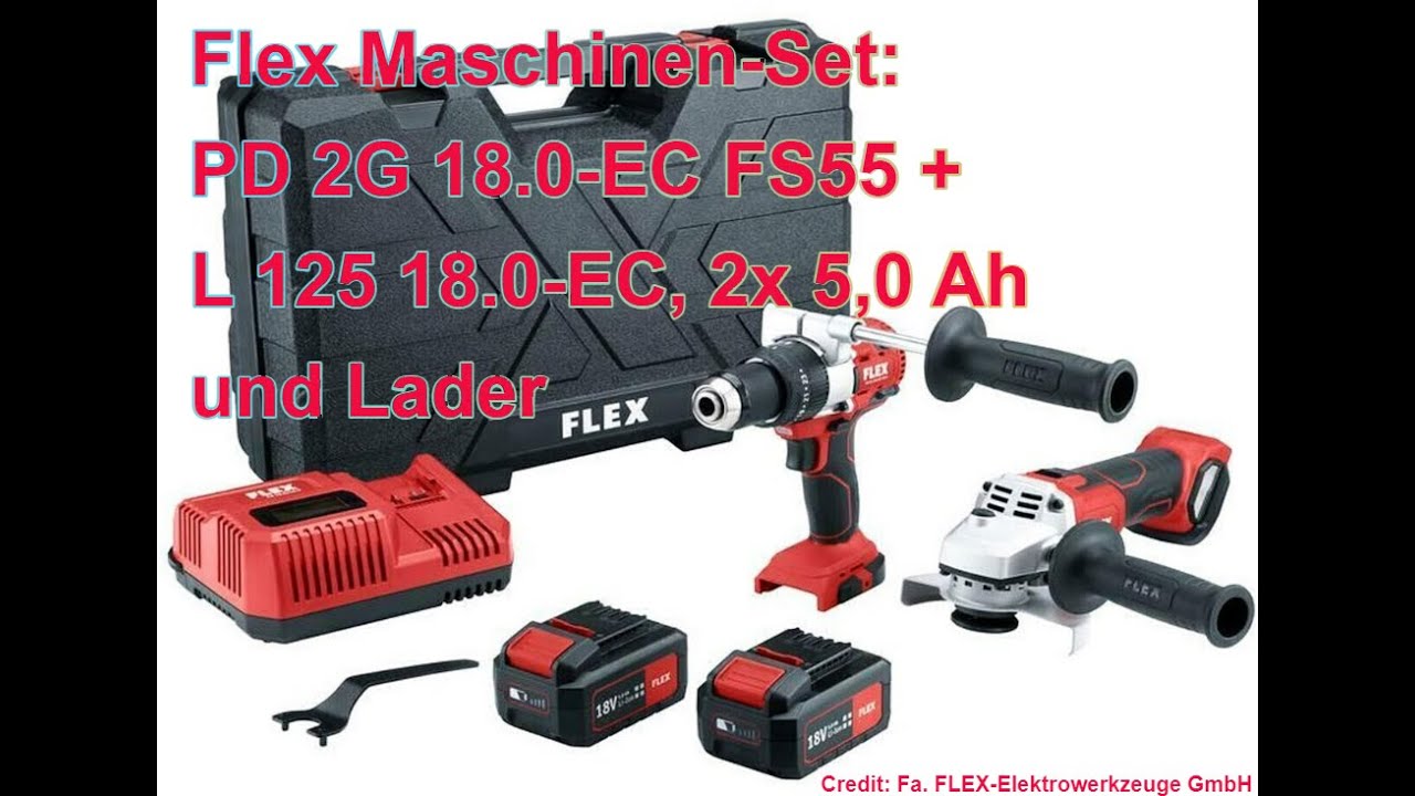 FLEX 18V-Akku Maschinen-Set  Schlagbohrschrauber PD2G FS55 + Winkelschleifer L125 18 EC - Empfehlung