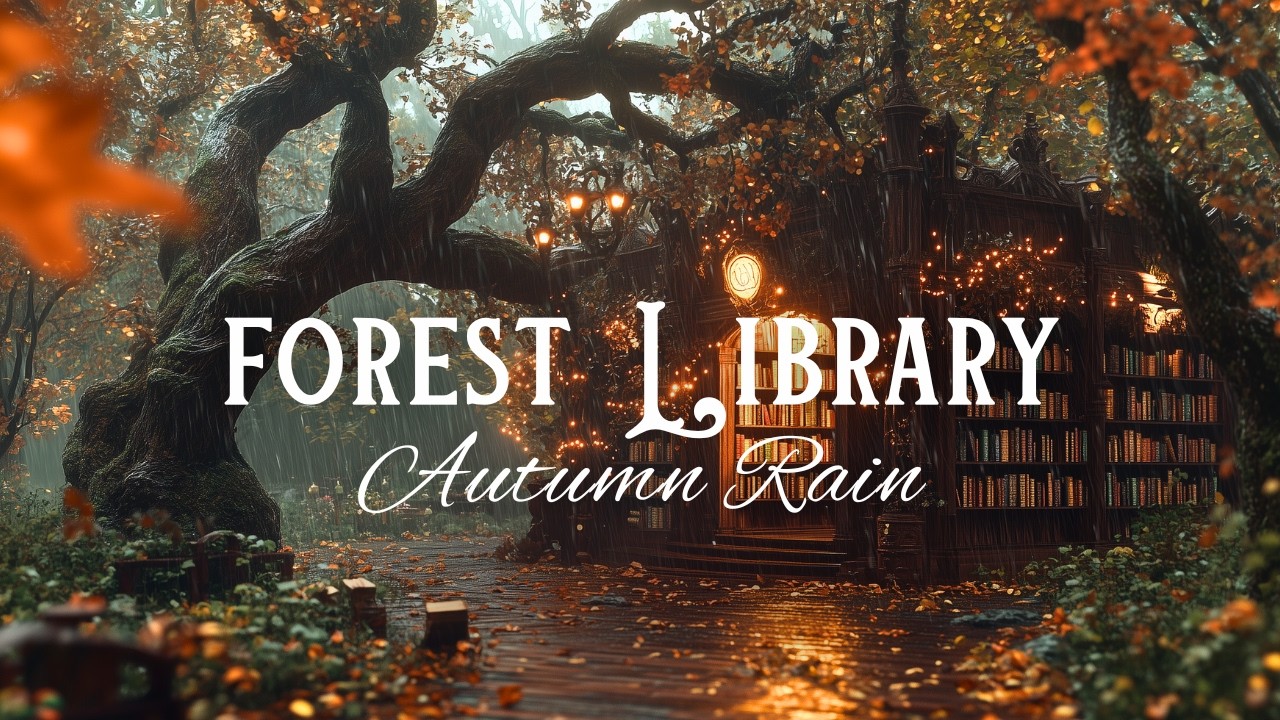 (NO MID-ROLL ADS) Cozy Autumn Forest Library | Rain Music and Ambience 🌧️🍂📖