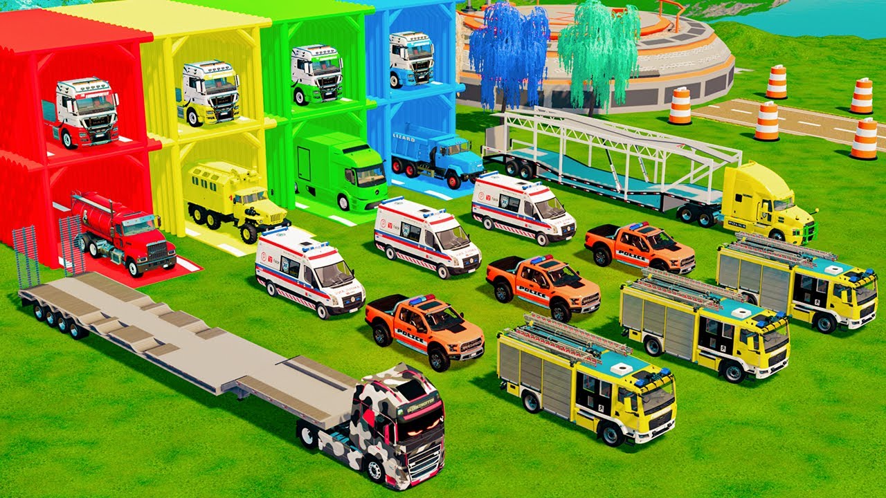 TRANSPORTING FIRE DEPARTMENT, AMBULANCE, POLICE VEHICLES, MILK TANK TRUCK TO GARAGE - FS22