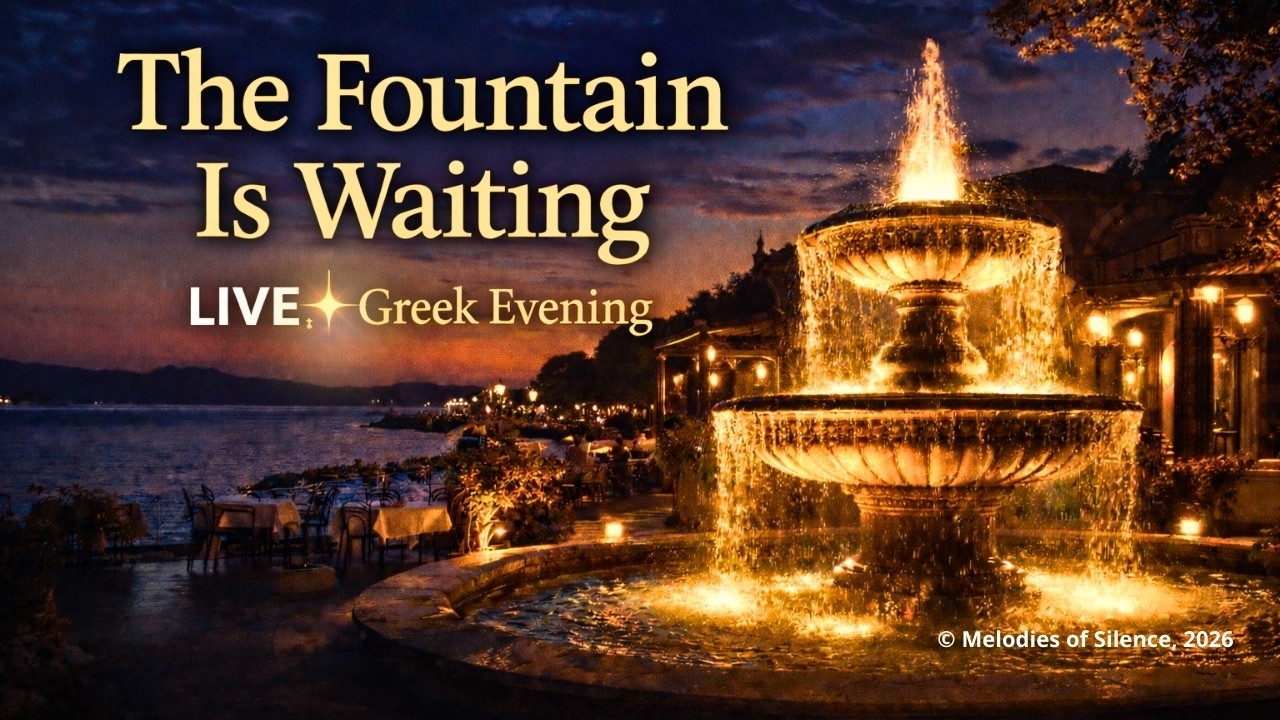 Greek Night Fountain Ambience 🌙 Golden Lights by the Sea — LIVE