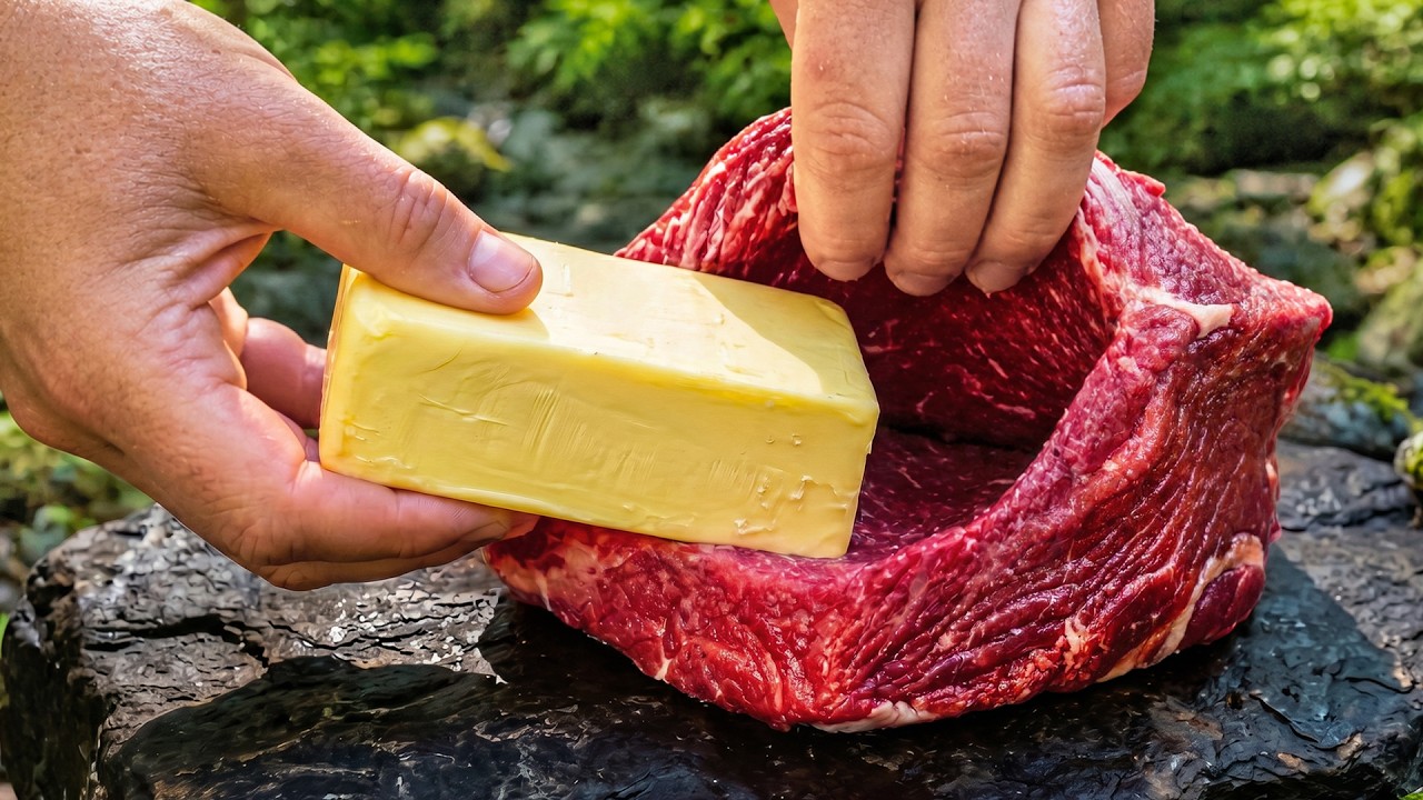 Stuffing a Giant Steak with Homemade Butter in the Forest 🥩🔥