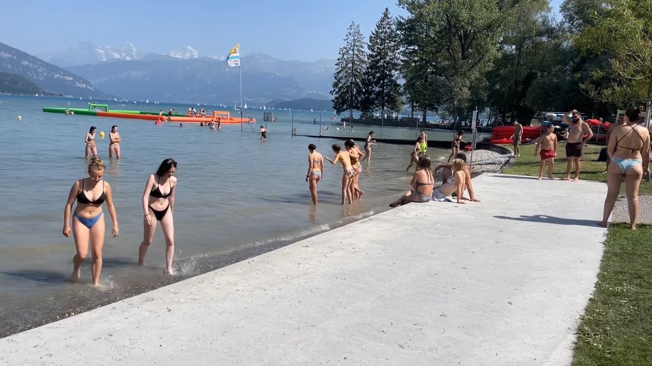Walk through Thun lido and outdoor swimming pool at Thun lake | Canton of Bern, Switzerland 2022
