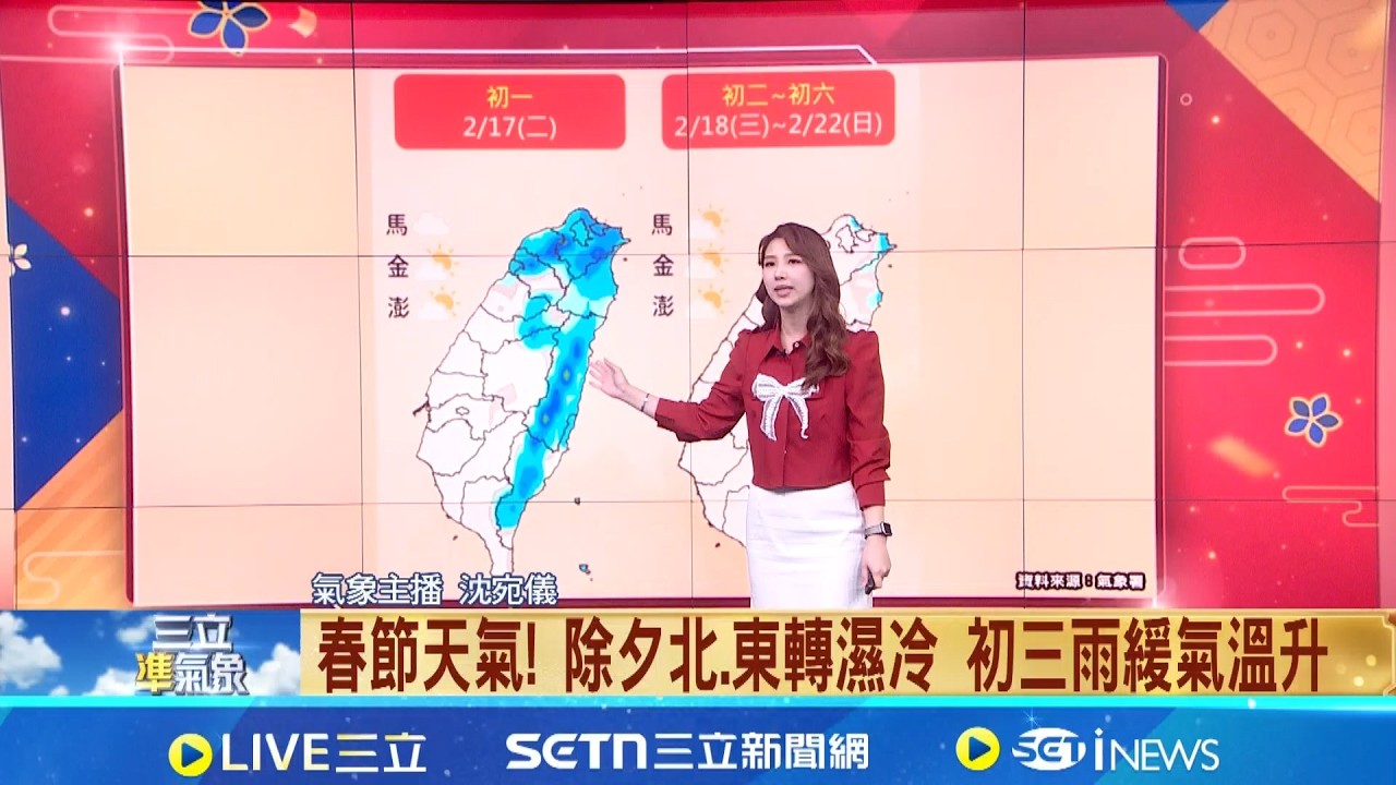 除夕鋒面通過! 桃園以北變天轉有雨濕涼  中南部晴朗至開工! 白天舒適微熱 早晚微冷│氣象主播 沈宛儀│三立準氣象20260216│三立新聞台