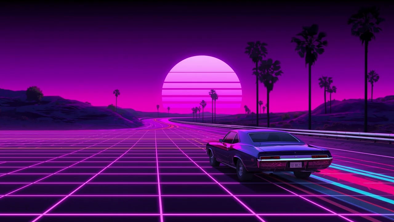 Retro Synthwave Horizon Drive | Palm Tree Sunset TV Screensaver (1 Hour)
