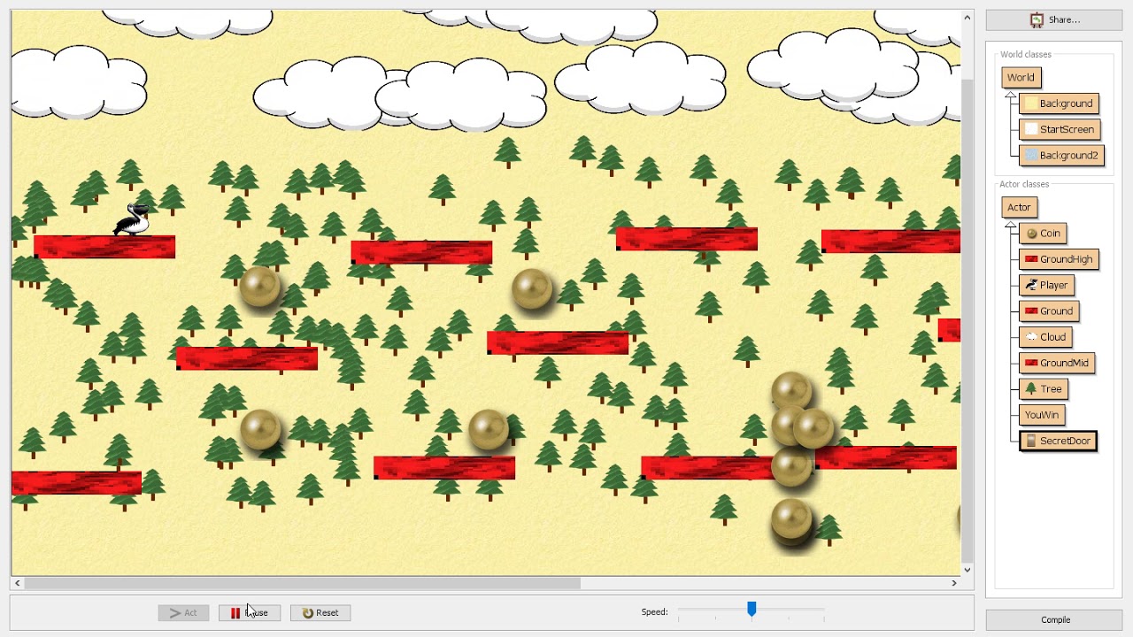 Greenfoot #17 - Платформер - часть 4 - Пройдено, несколько уровней, 2-й уровень, стартовый экран